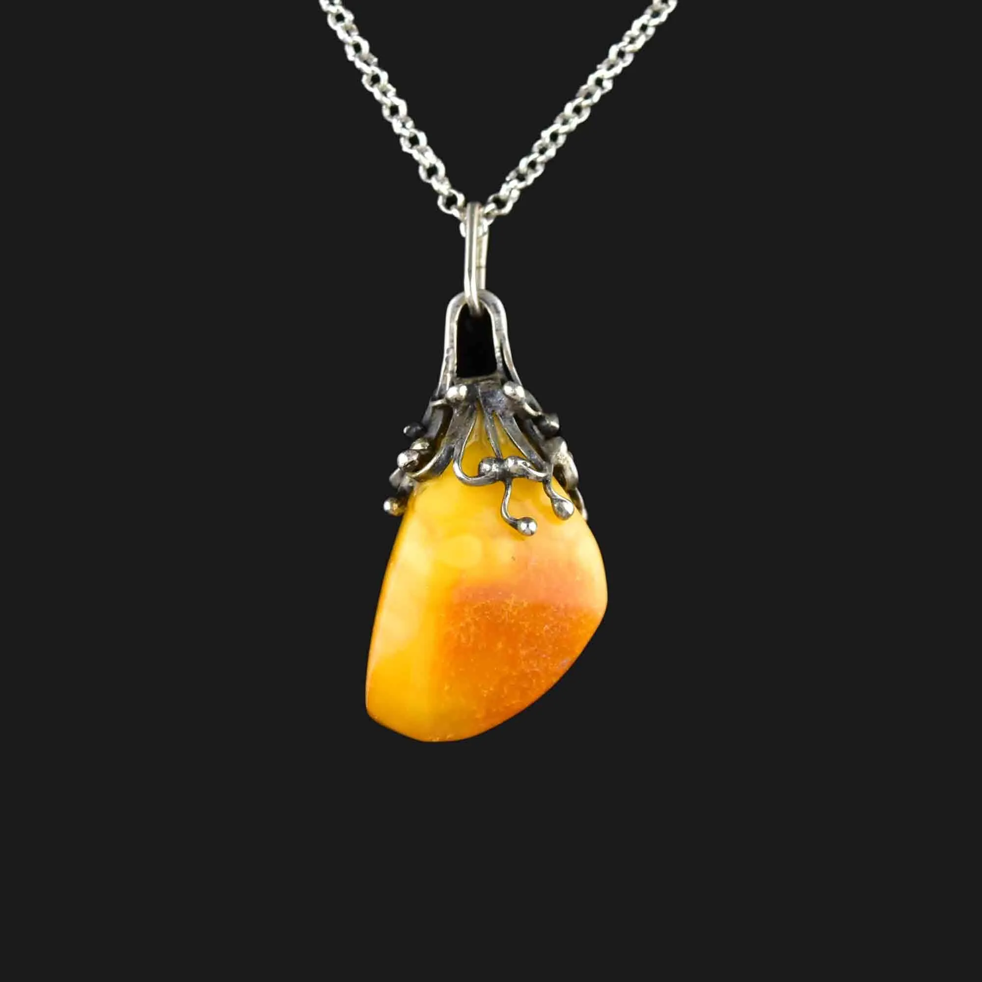 Vintage Silver Butterscotch Amber Pendant Necklace