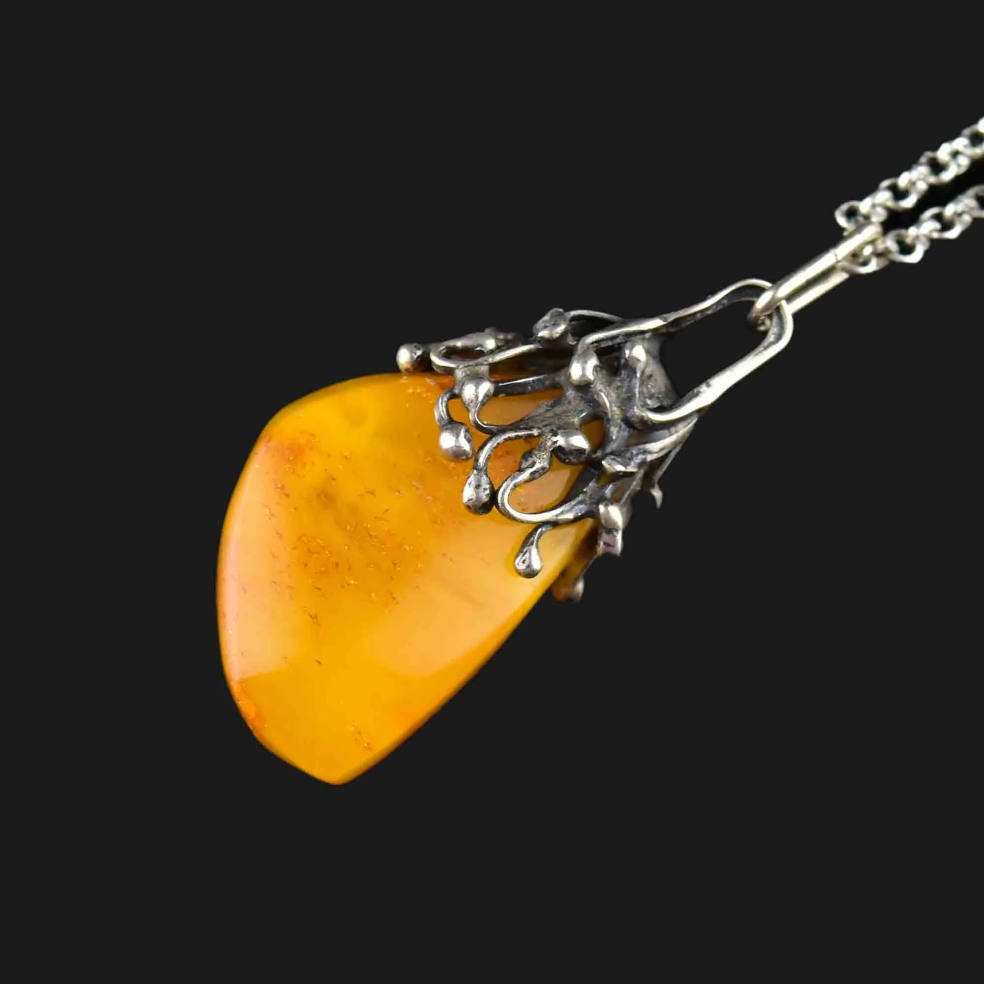 Vintage Silver Butterscotch Amber Pendant Necklace