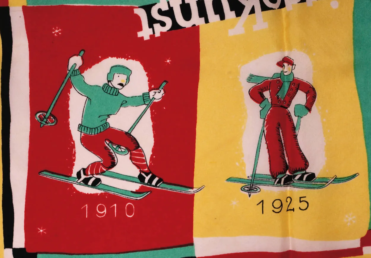 Vintage Ski Silk Scarf Swiss Die Weisse Kunst Skiing History w Skiers 1950