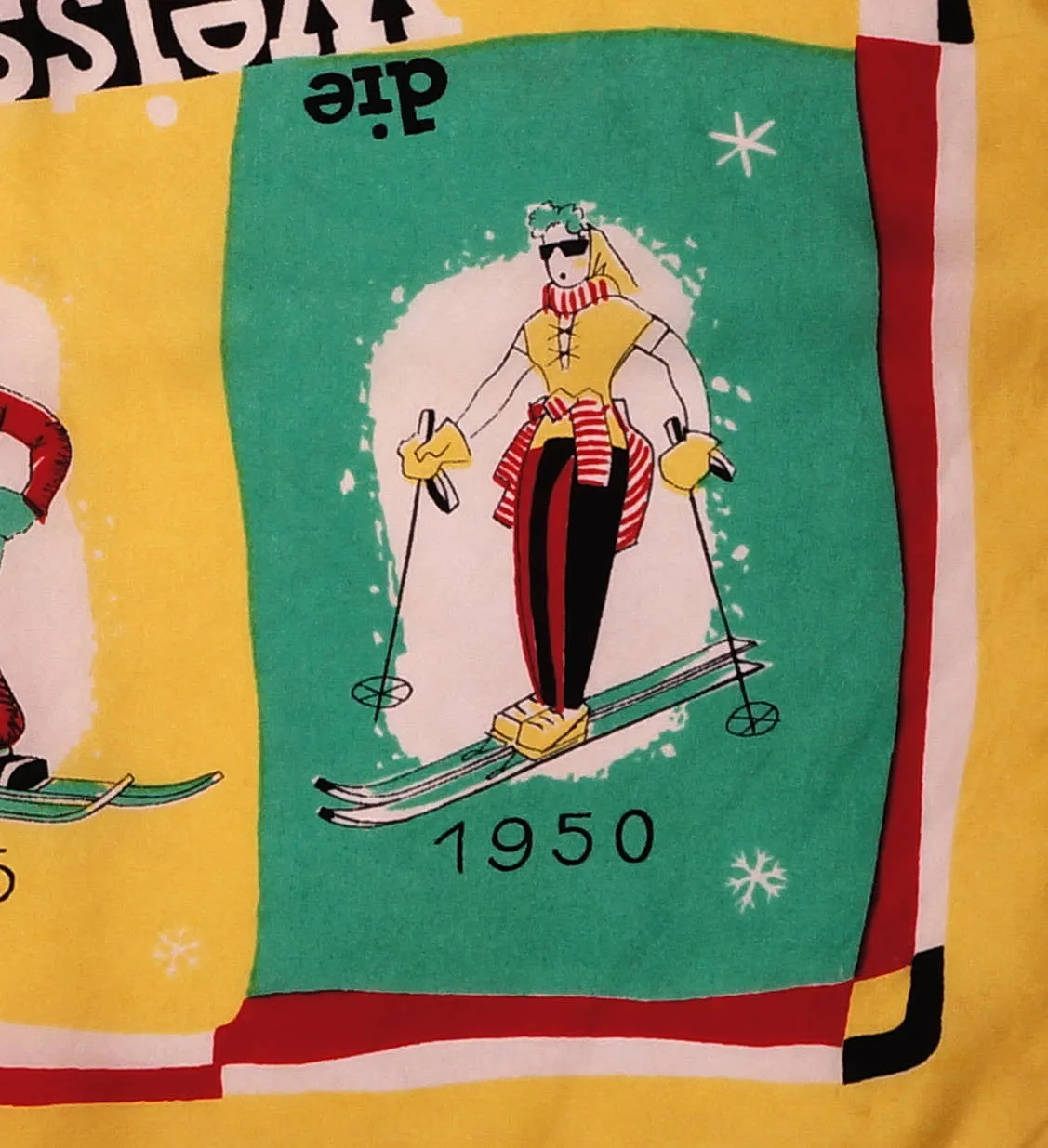 Vintage Ski Silk Scarf Swiss Die Weisse Kunst Skiing History w Skiers 1950