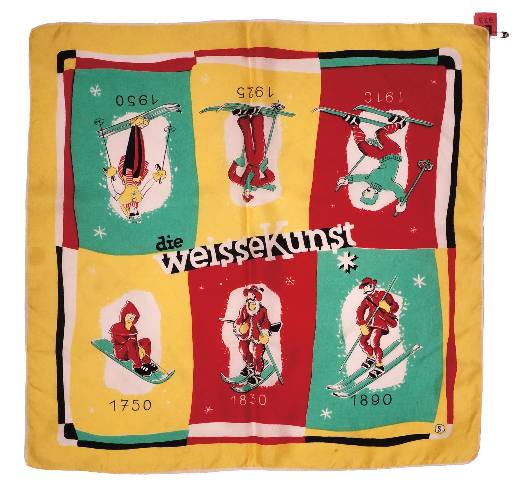 Vintage Ski Silk Scarf Swiss Die Weisse Kunst Skiing History w Skiers 1950