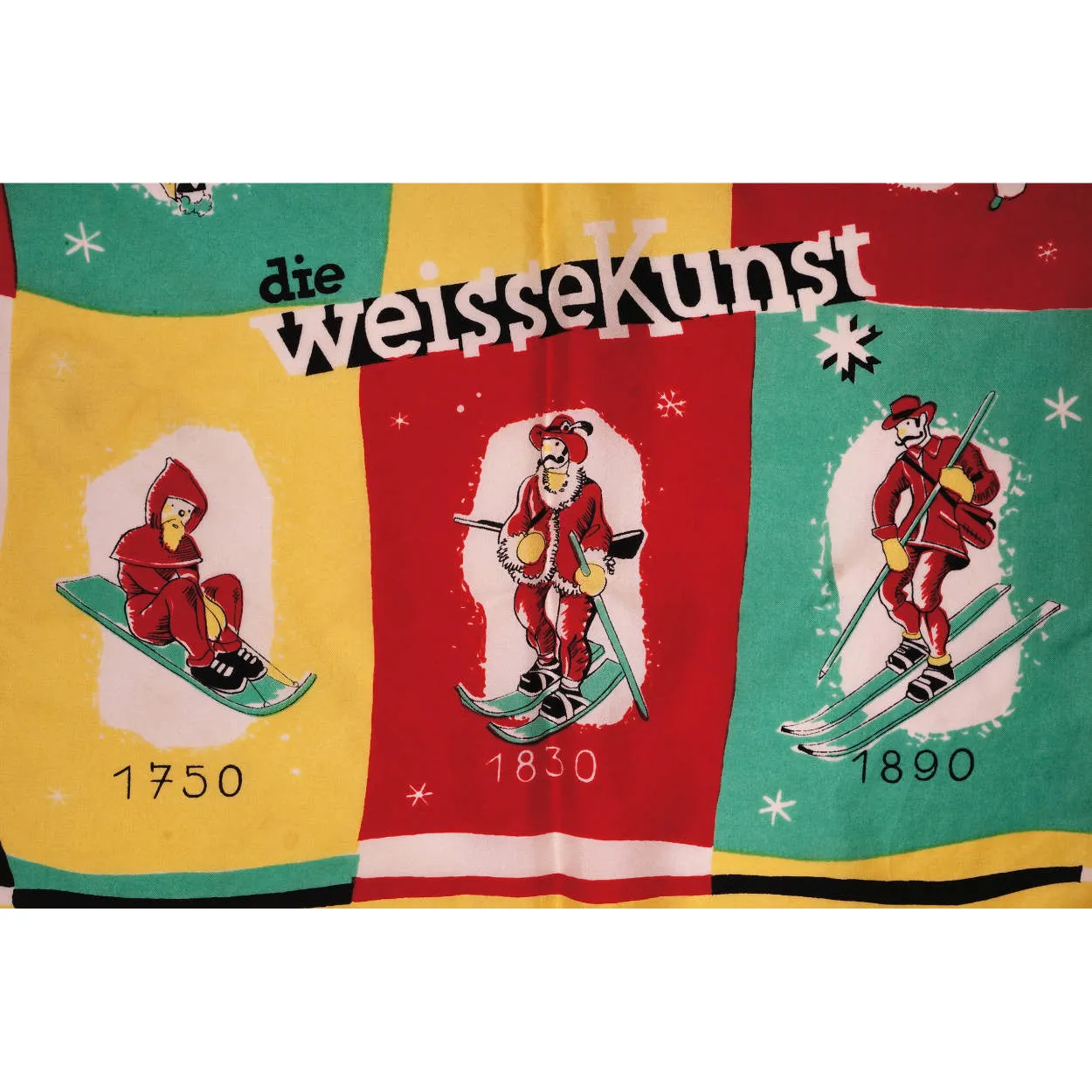 Vintage Ski Silk Scarf Swiss Die Weisse Kunst Skiing History w Skiers 1950