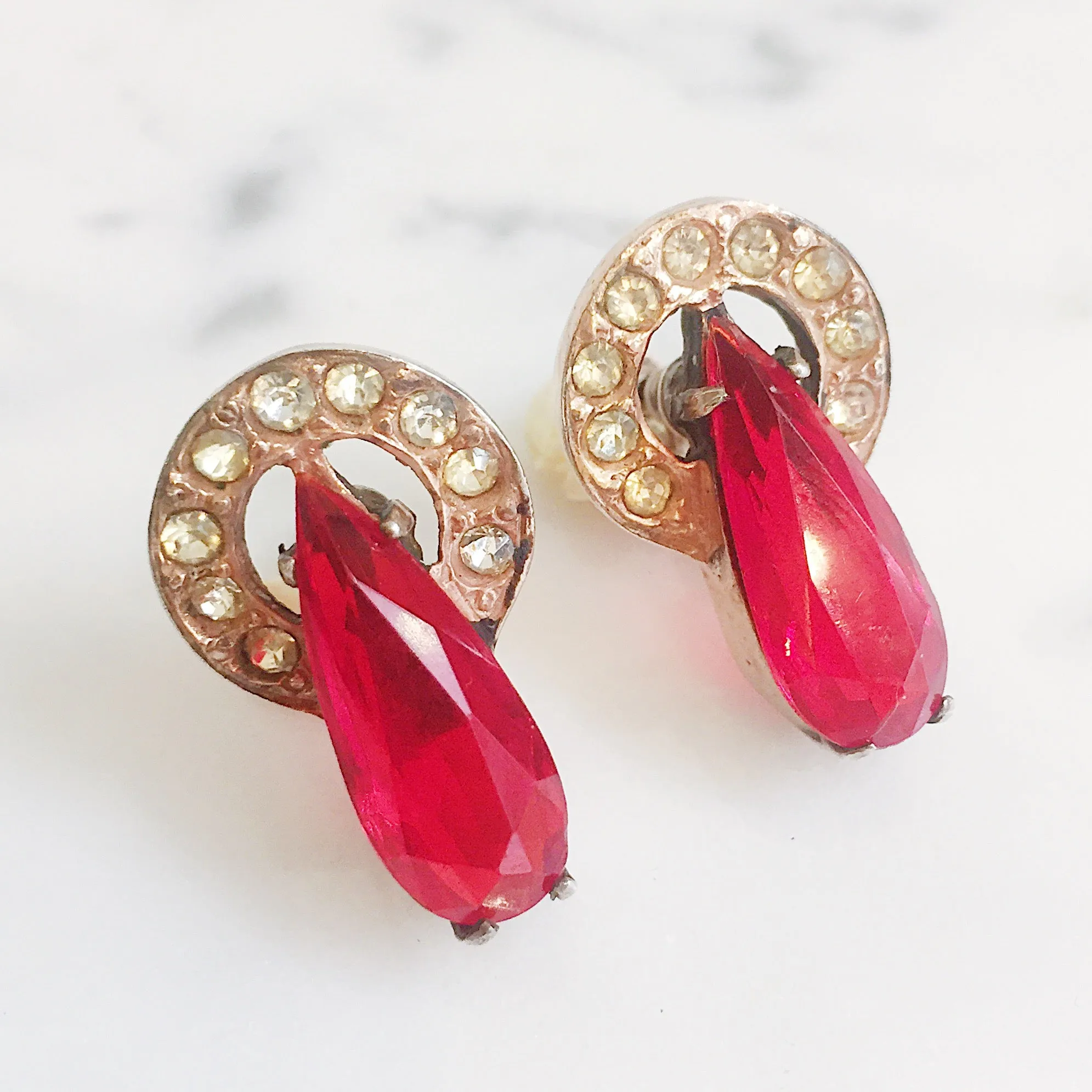 Vintage Sterling Silver Ruby Paste Drop Screwback Earrings