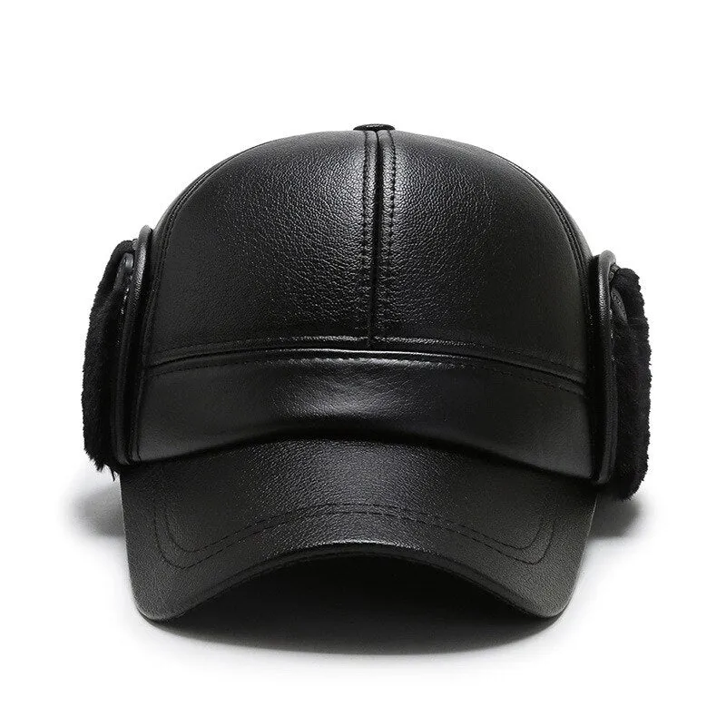 Warm Winter Bomber Hat PU Leather Black Baseball Cap for Men Velvet Thick Men's Cap Earflaps Gorras Hombre Snapback