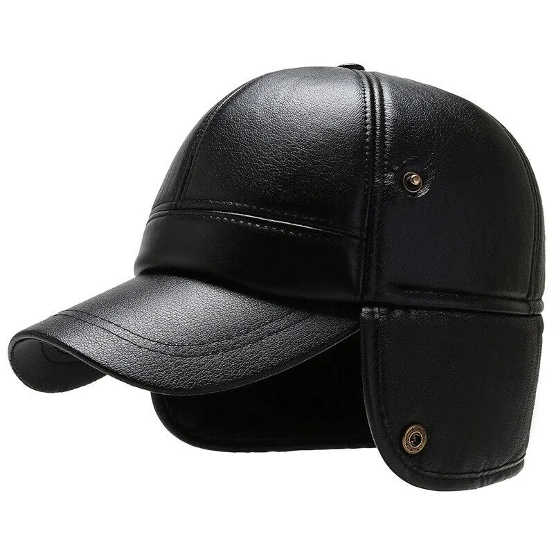 Warm Winter Bomber Hat PU Leather Black Baseball Cap for Men Velvet Thick Men's Cap Earflaps Gorras Hombre Snapback