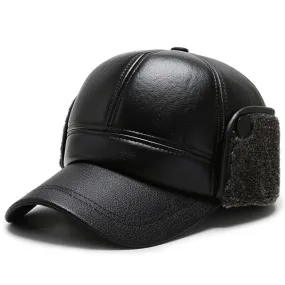 Warm Winter Bomber Hat PU Leather Black Baseball Cap for Men Velvet Thick Men's Cap Earflaps Gorras Hombre Snapback