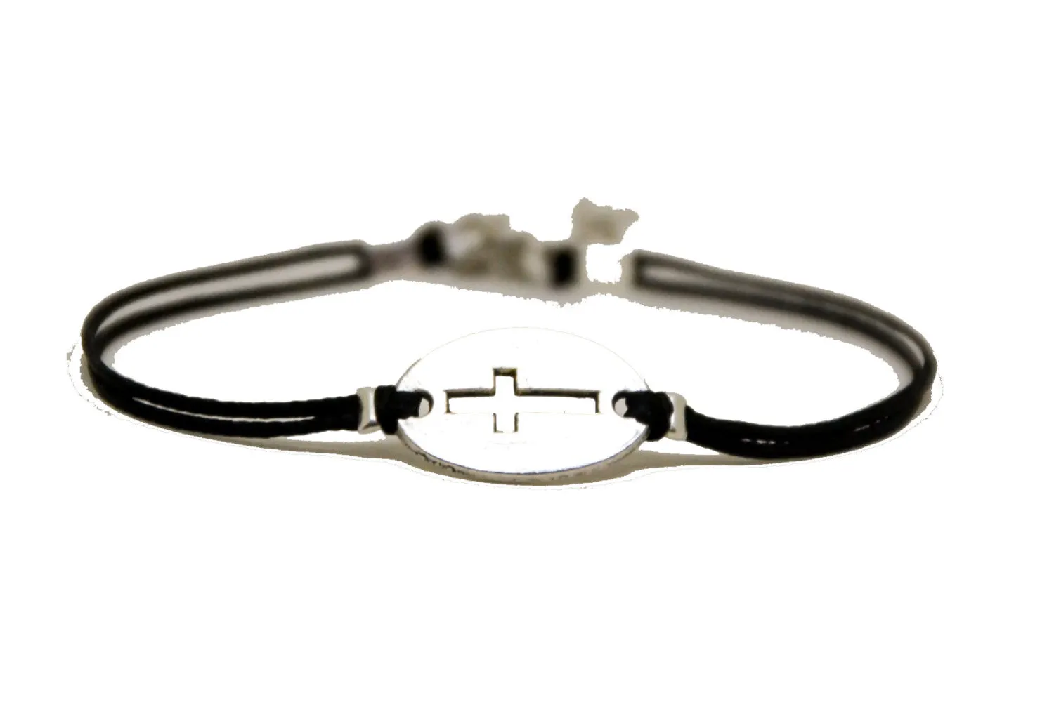 Women bracelet with silver cross round charm, black cord