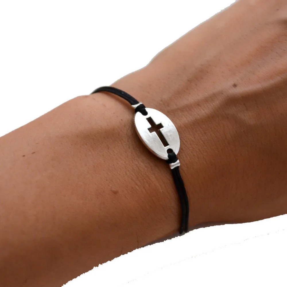 Women bracelet with silver cross round charm, black cord