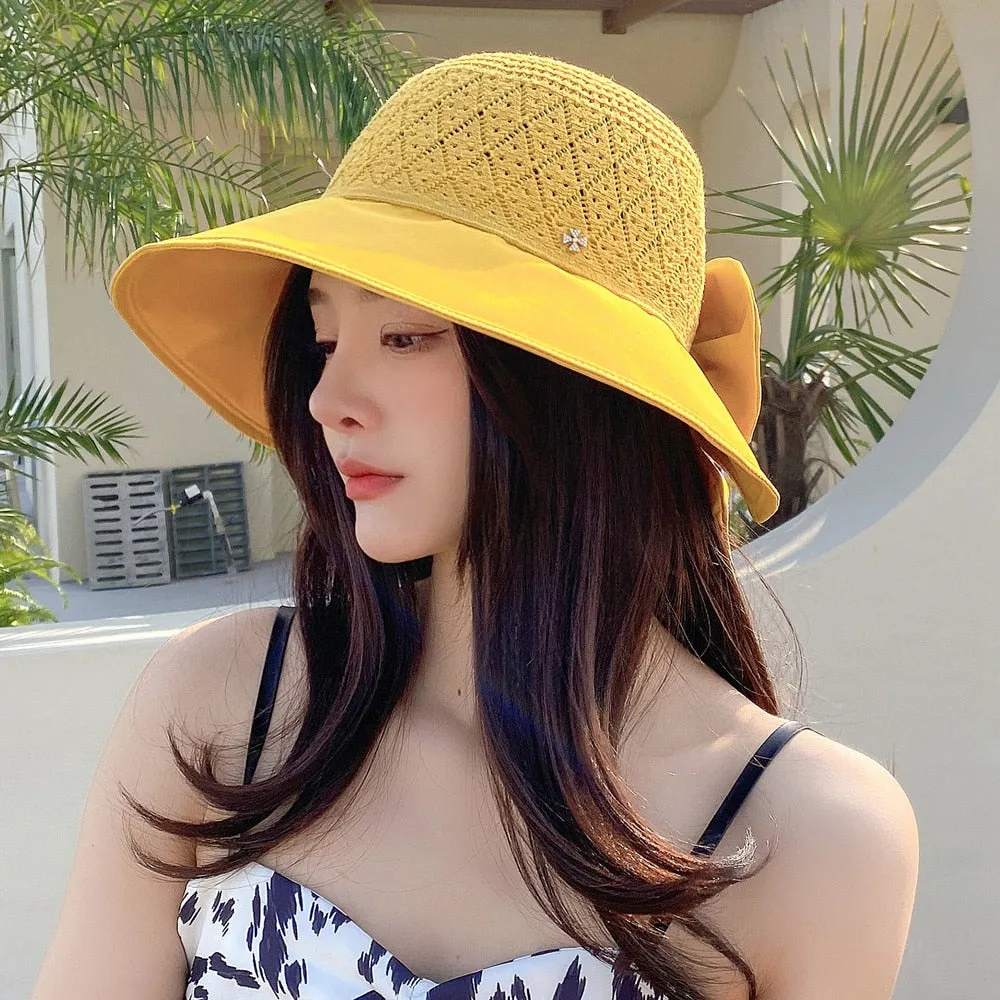 Women Summer Hats Outdoor Fashion Bow Design Hollow Straw Hat Sunshade UV Protection Sun Hat Travel Beach Hat