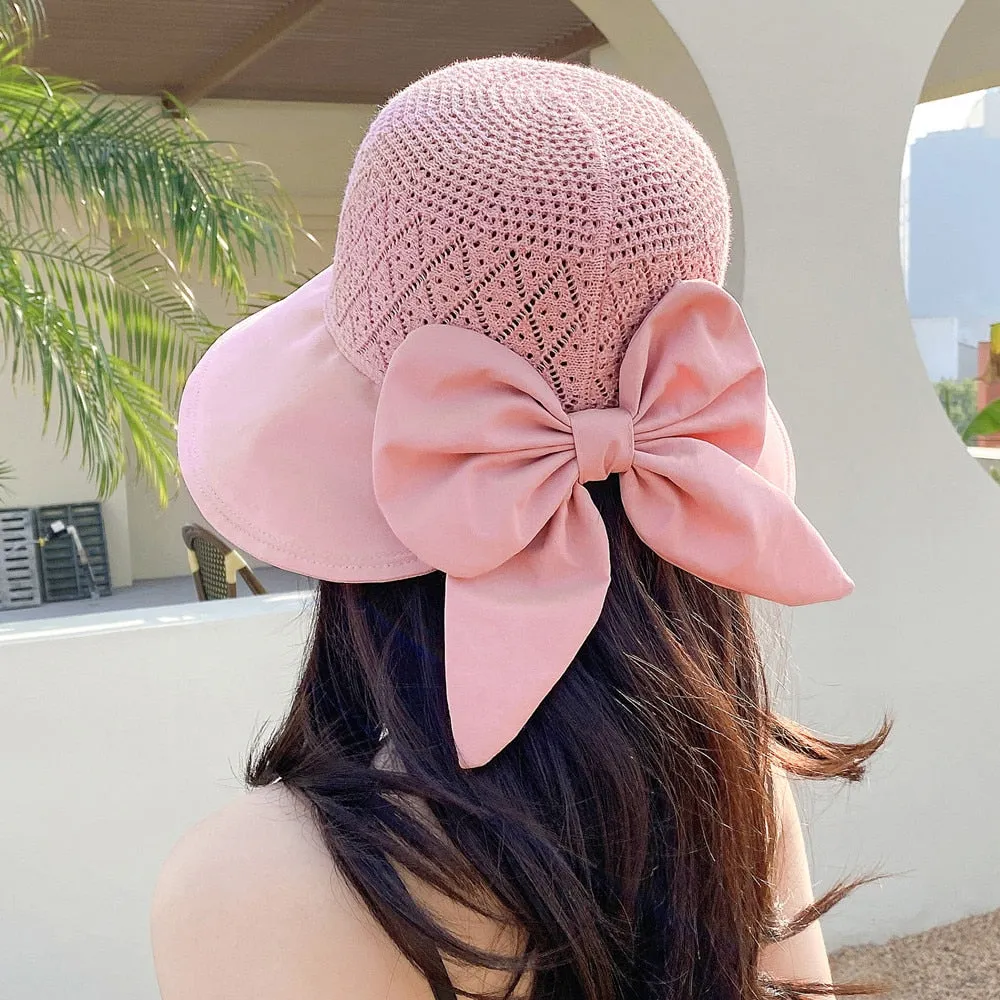 Women Summer Hats Outdoor Fashion Bow Design Hollow Straw Hat Sunshade UV Protection Sun Hat Travel Beach Hat