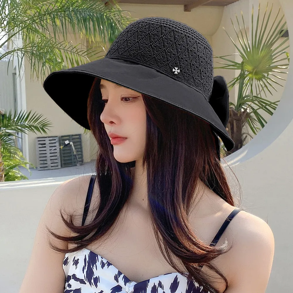 Women Summer Hats Outdoor Fashion Bow Design Hollow Straw Hat Sunshade UV Protection Sun Hat Travel Beach Hat