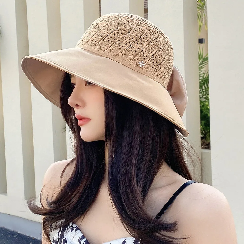 Women Summer Hats Outdoor Fashion Bow Design Hollow Straw Hat Sunshade UV Protection Sun Hat Travel Beach Hat