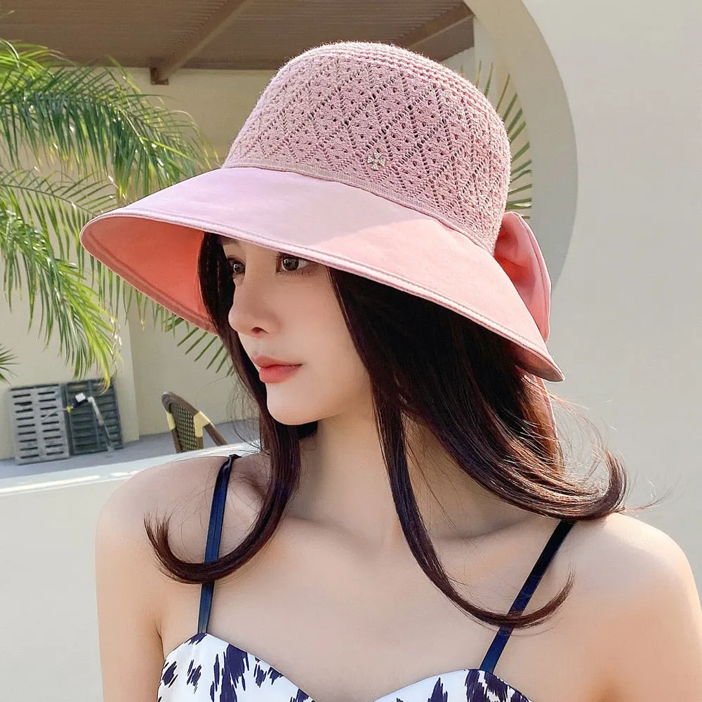 Women Summer Hats Outdoor Fashion Bow Design Hollow Straw Hat Sunshade UV Protection Sun Hat Travel Beach Hat