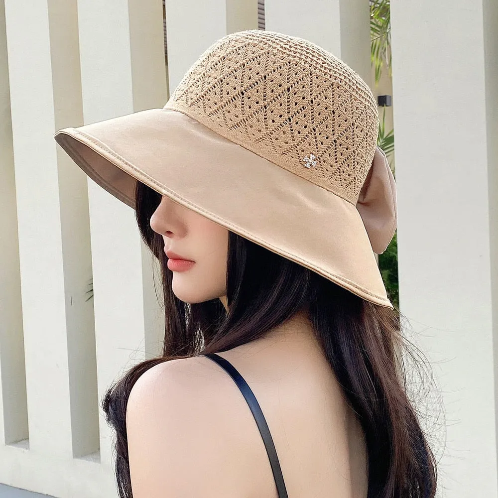 Women Summer Hats Outdoor Fashion Bow Design Hollow Straw Hat Sunshade UV Protection Sun Hat Travel Beach Hat