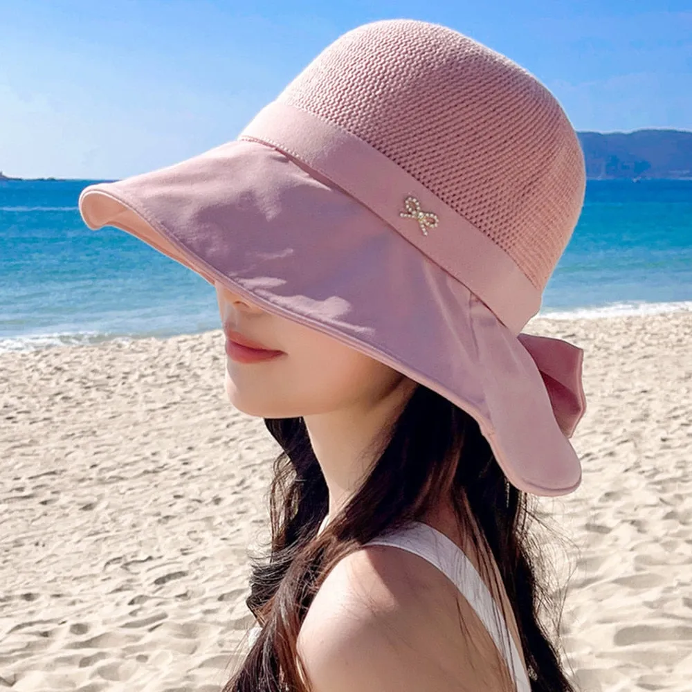 Women's Summer Sun Cap Fashion Hollow Bow Design Sun Hat Female Travel Beach Bucket Hat