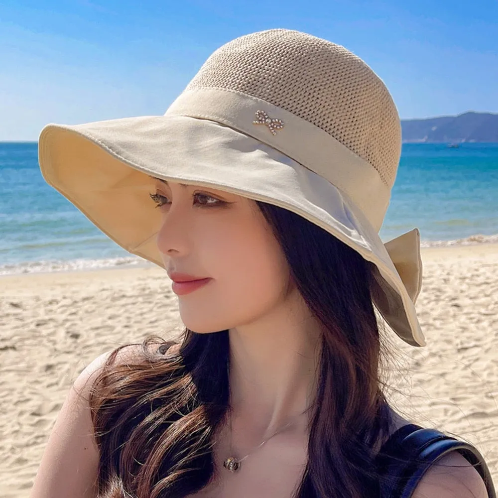 Women's Summer Sun Cap Fashion Hollow Bow Design Sun Hat Female Travel Beach Bucket Hat