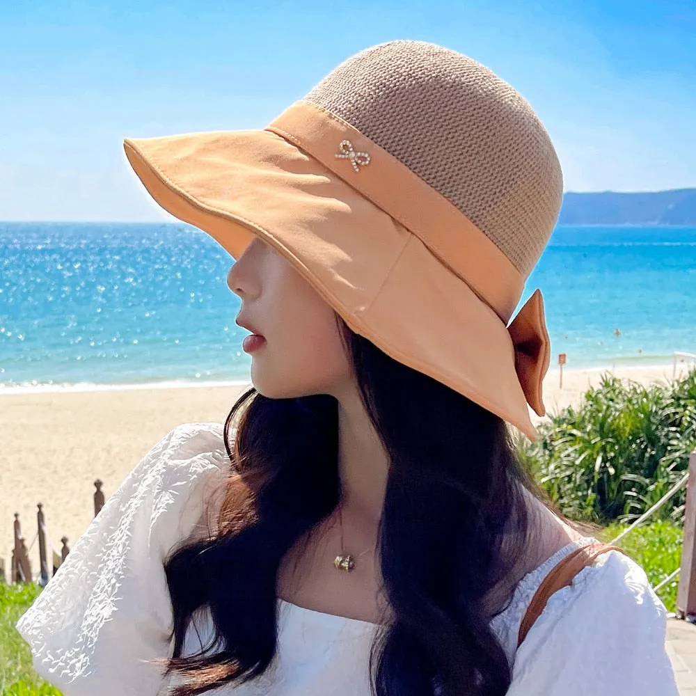 Women's Summer Sun Cap Fashion Hollow Bow Design Sun Hat Female Travel Beach Bucket Hat