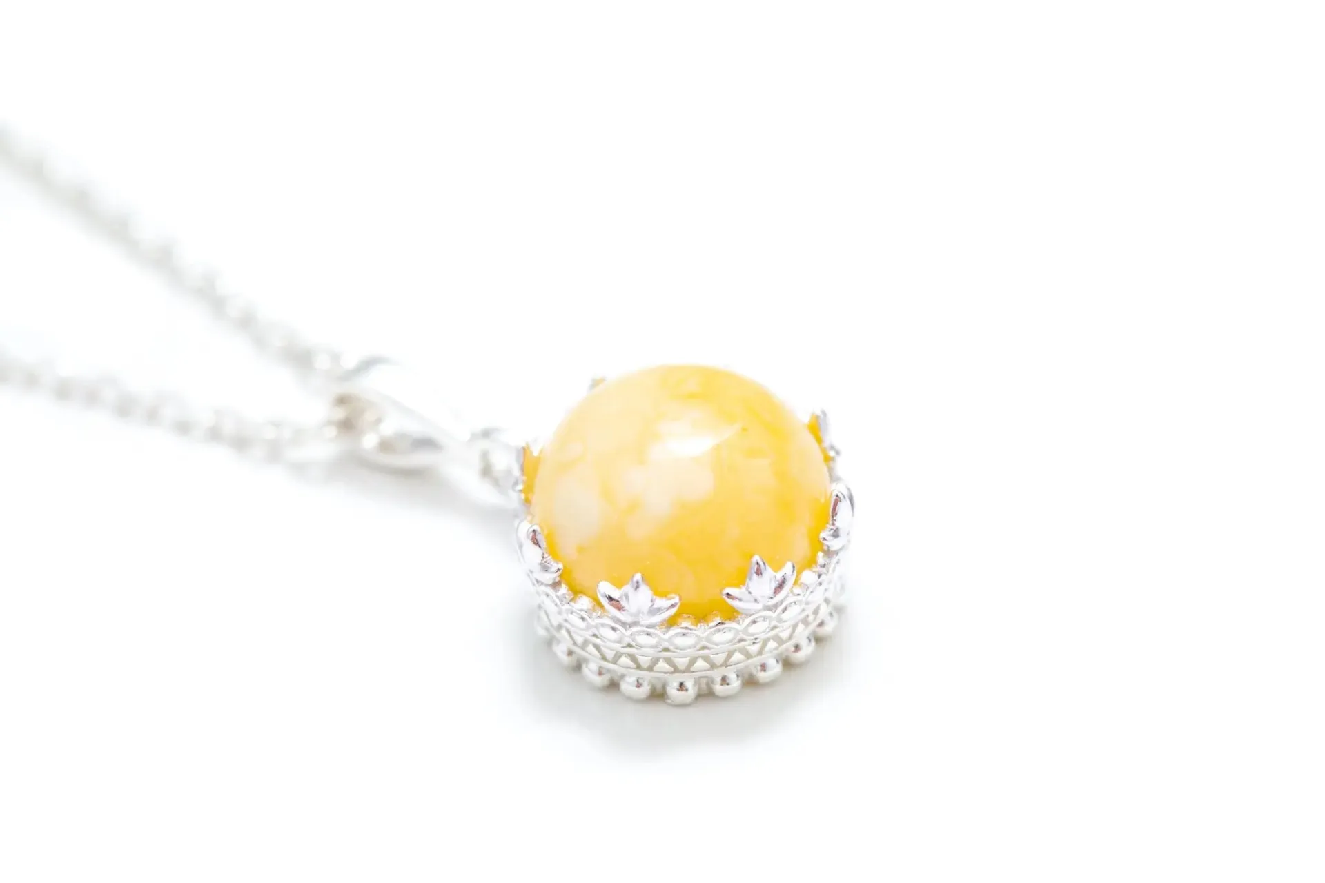 Yellow Amber Princess Crown Pendant - Sterling Silver Necklace | Elegant Baltic Amber Jewelry