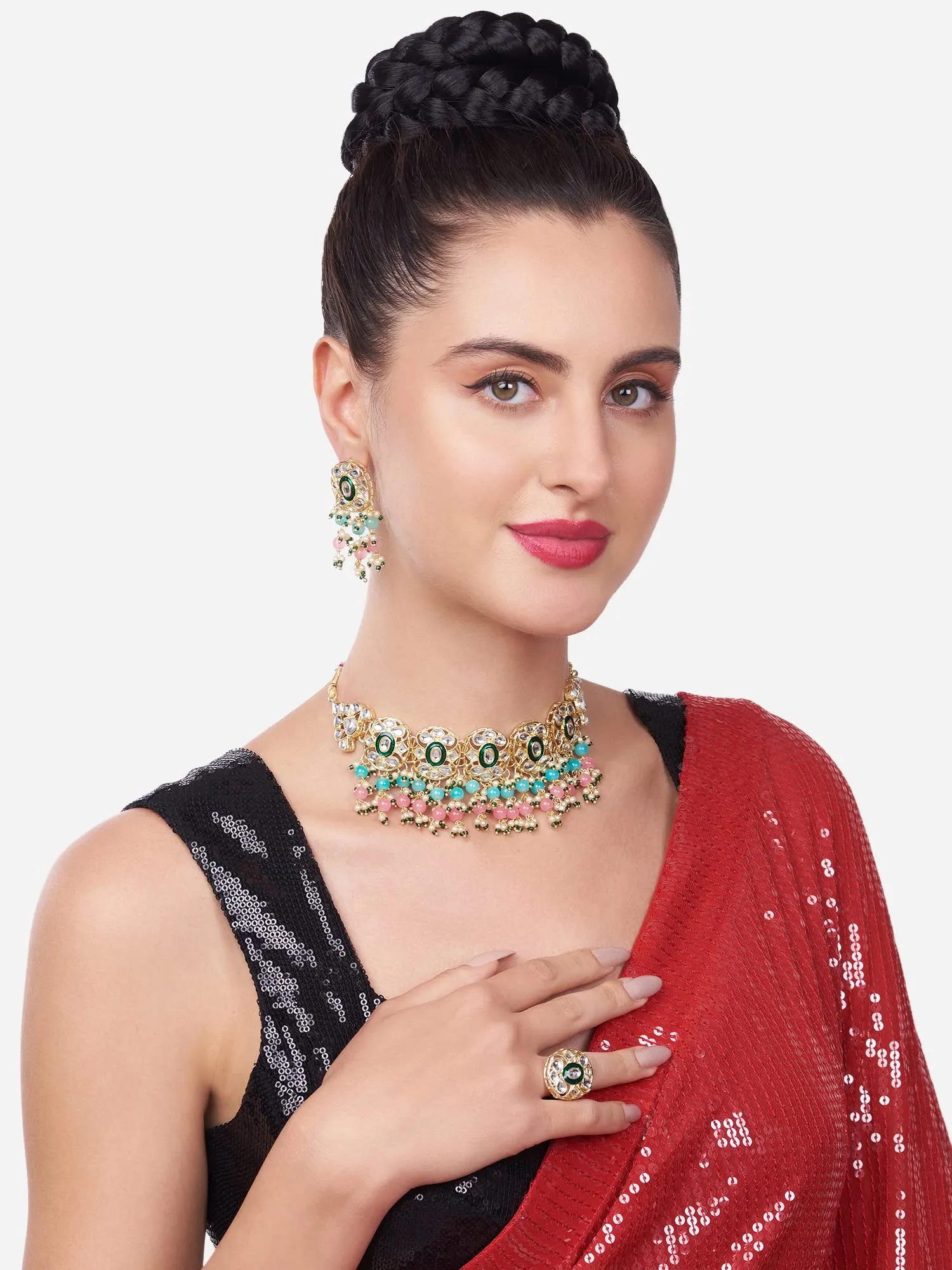 ZAVERI PEARLS Pink & Green Beads Cluster Drops Kundan Choker Necklace Earring & Ring Set For Women-ZPFK13800